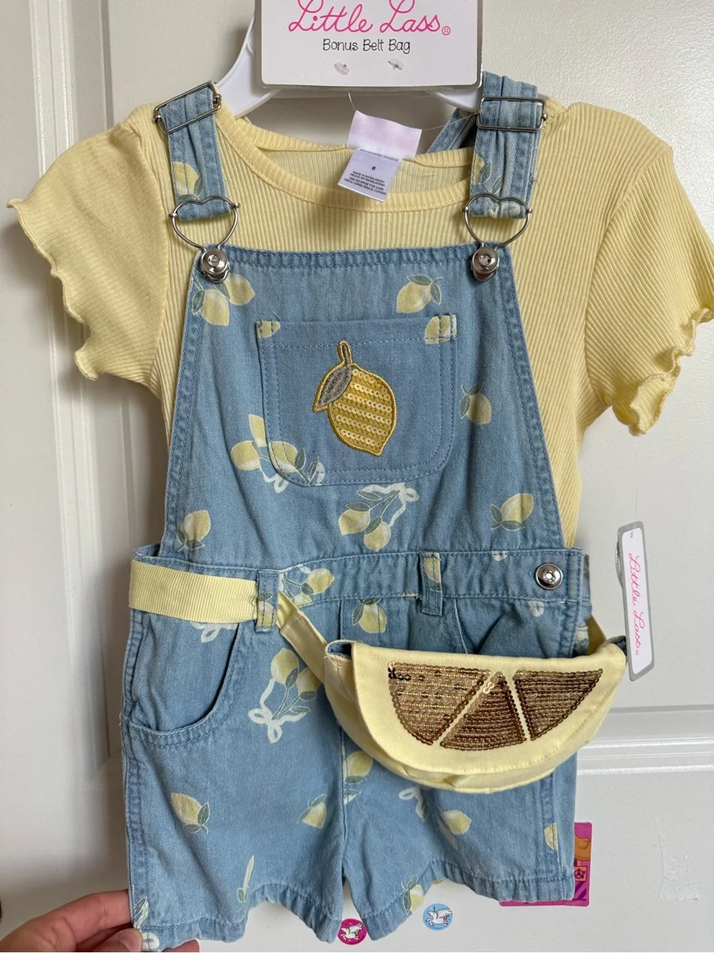 Little Lass Shirt and Overalls Matching set for girls size 6 with bag